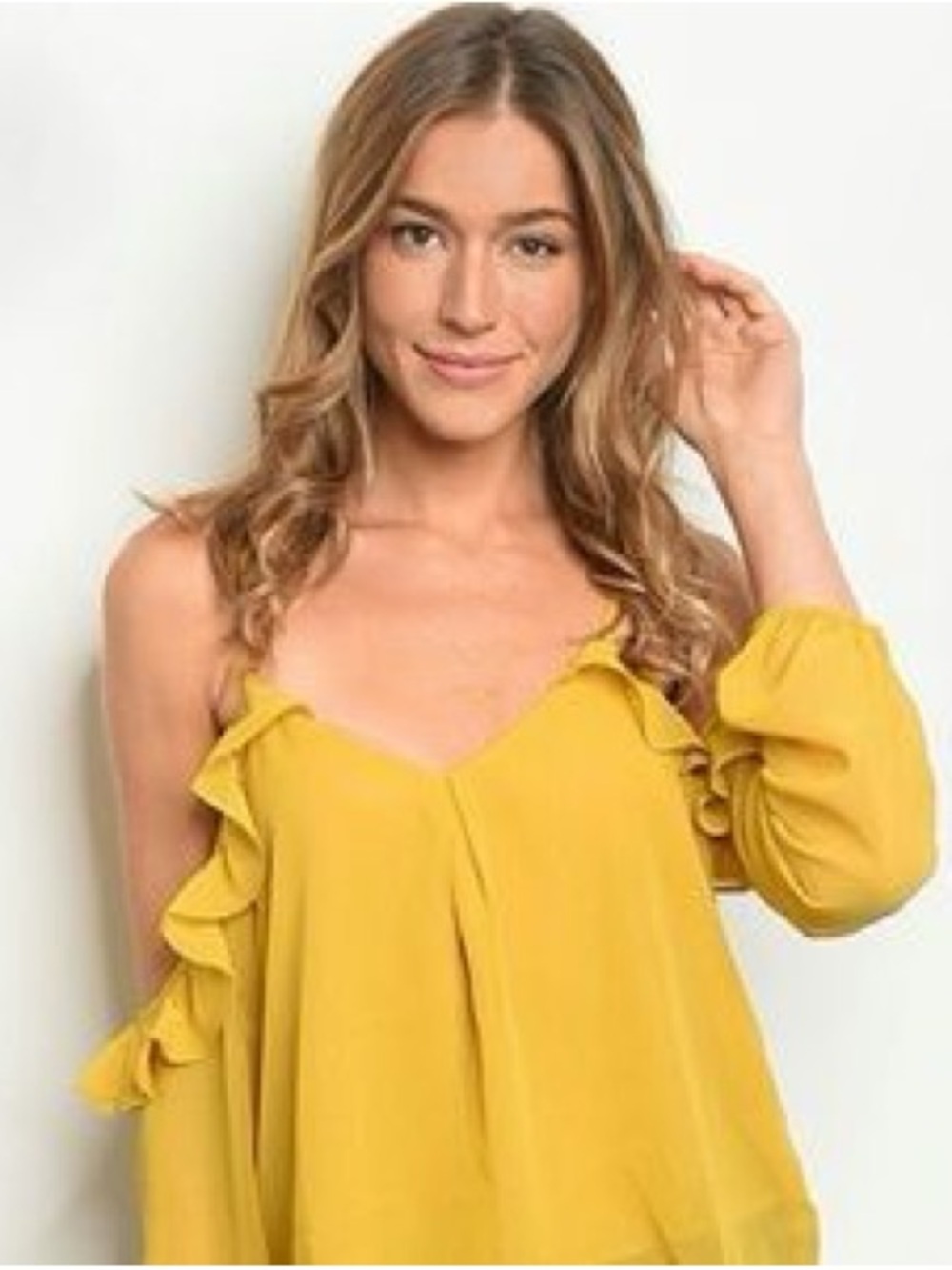 Honey Belle Mustard Yellow Cold-Shoulder Ruffle Tunic